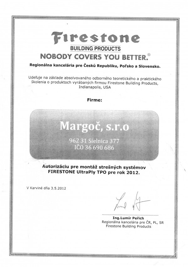 firestone tpo certifikát